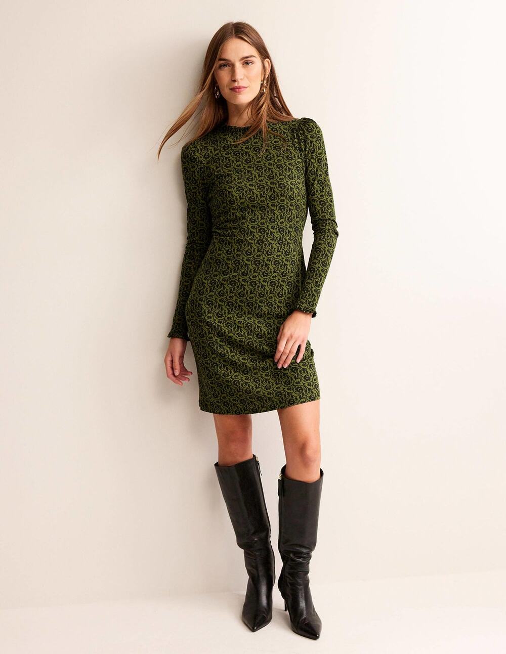 New Boden Frill-Detail Mini Dress Green Floral Ruffled Long Sleeve Sz 8
